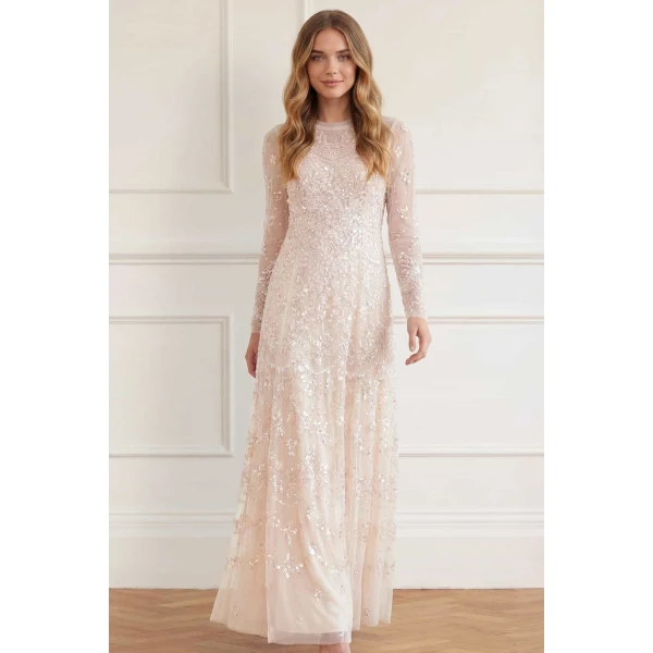 Needle and Thread Freya Long Sleeve Gown in Cream/Dusk Pink, view 2