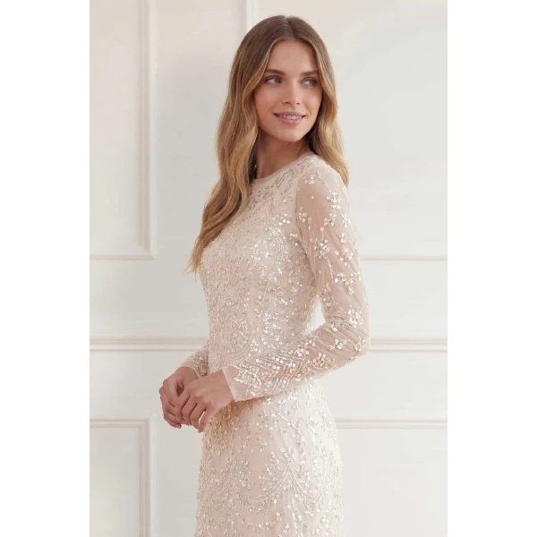 Needle and Thread Freya Long Sleeve Gown in Cream/Dusk Pink, view 3