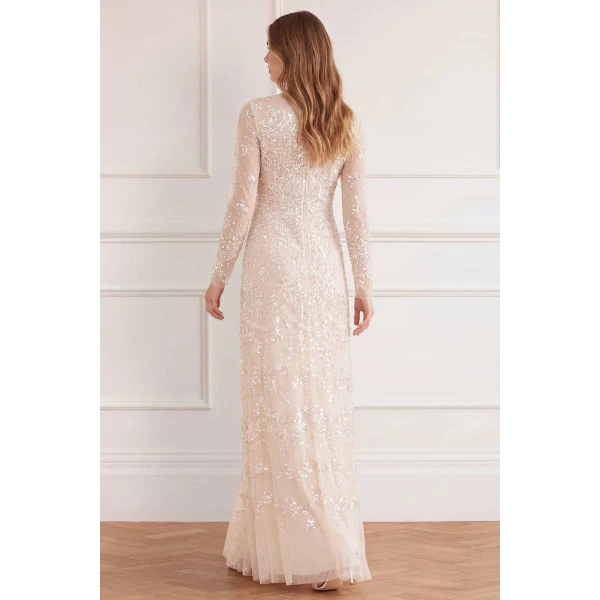 Needle and Thread Freya Long Sleeve Gown in Cream/Dusk Pink, view 4