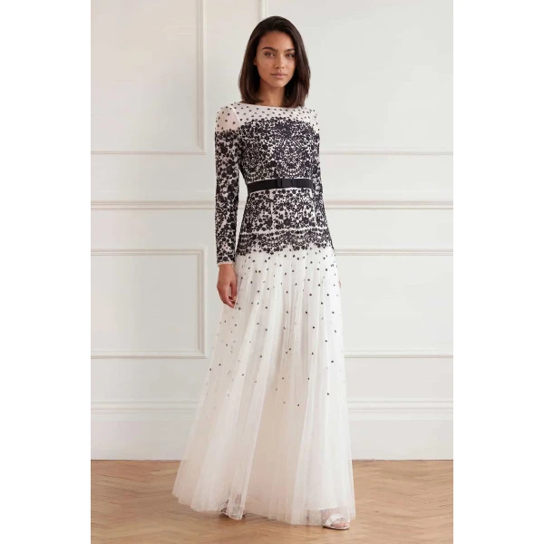 Needle and Thread Gilded Lace Long Sleeve Gown in Chalk/Graphite, view 2
