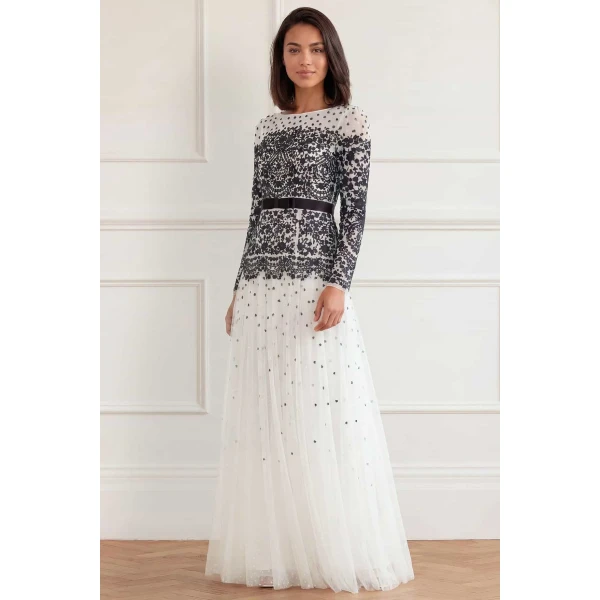 Needle and Thread Gilded Lace Long Sleeve Gown in Chalk/Graphite, view 3