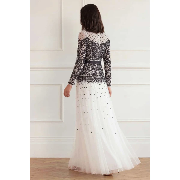 Needle and Thread Gilded Lace Long Sleeve Gown in Chalk/Graphite, view 5