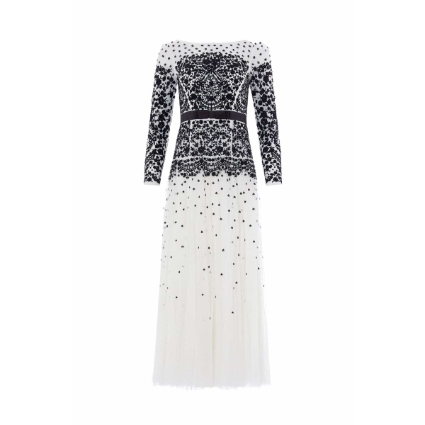Needle and Thread Gilded Lace Long Sleeve Gown in Chalk/Graphite