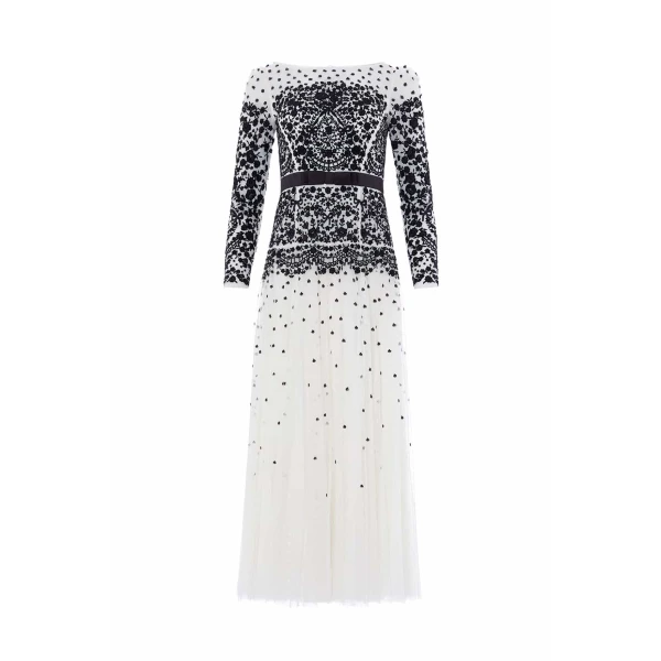 Needle and Thread Gilded Lace Long Sleeve Gown in Chalk/Graphite