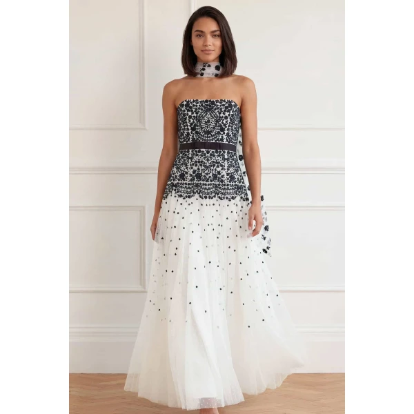 Needle and Thread Gilded Lace Strapless Gown in Chalk/Graphite, view 3