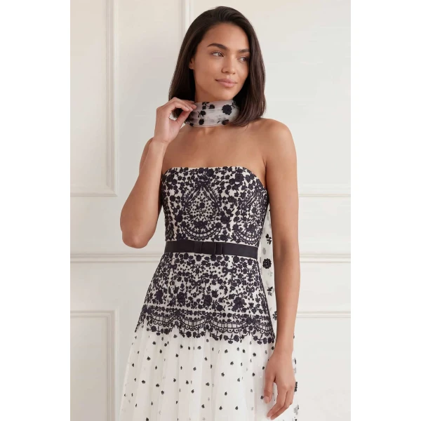 Needle and Thread Gilded Lace Strapless Gown in Chalk/Graphite, view 4