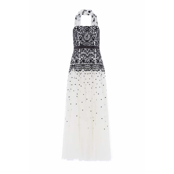 Needle and Thread Gilded Lace Strapless Gown in Chalk/Graphite