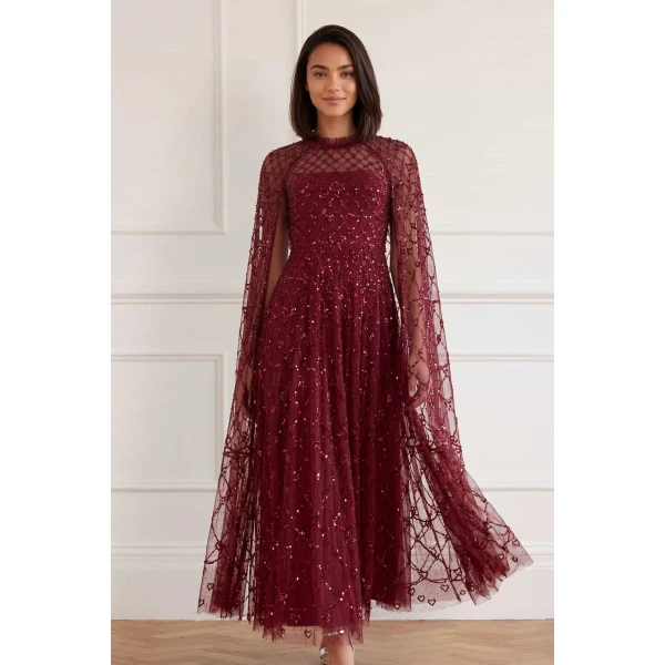 Needle and Thread Heart Lattice Ankle Gown in Garnet, view 2