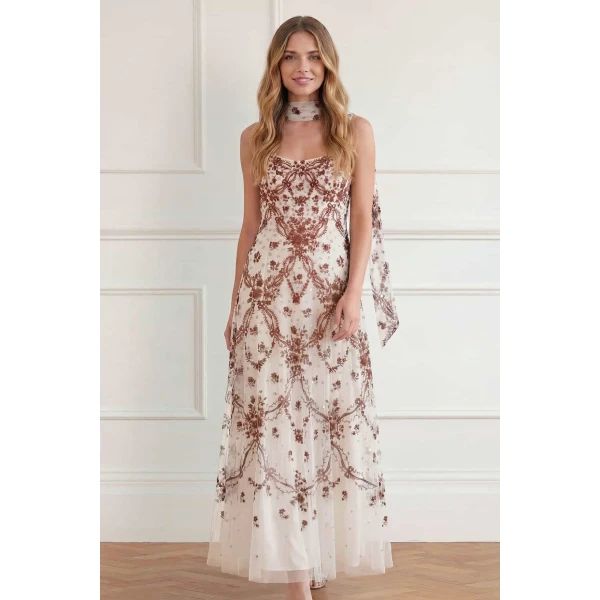 Needle and Thread Laurel Grace Cami Ankle Gown in Cream/Brown, view 2