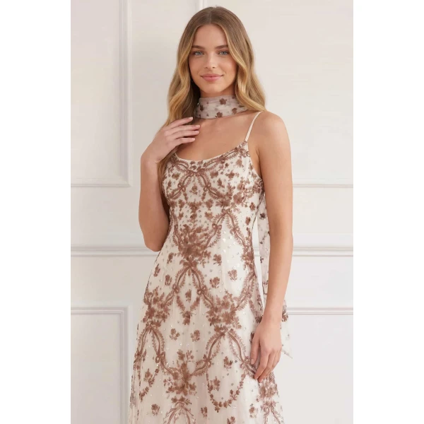 Needle and Thread Laurel Grace Cami Ankle Gown in Cream/Brown, view 3
