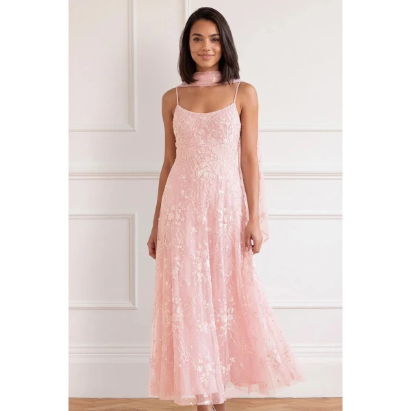 Needle and Thread Laurel Grace Cami Ankle Gown in Dusk Pink/Cream, view 2