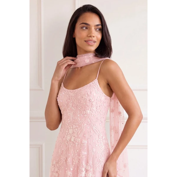 Needle and Thread Laurel Grace Cami Ankle Gown in Dusk Pink/Cream, view 3