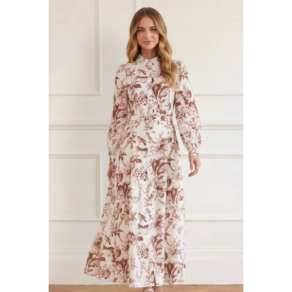 Needle and Thread Marie Toile De Jouy Jacquard Shirt Dress in Moonshine/Brown, view 2