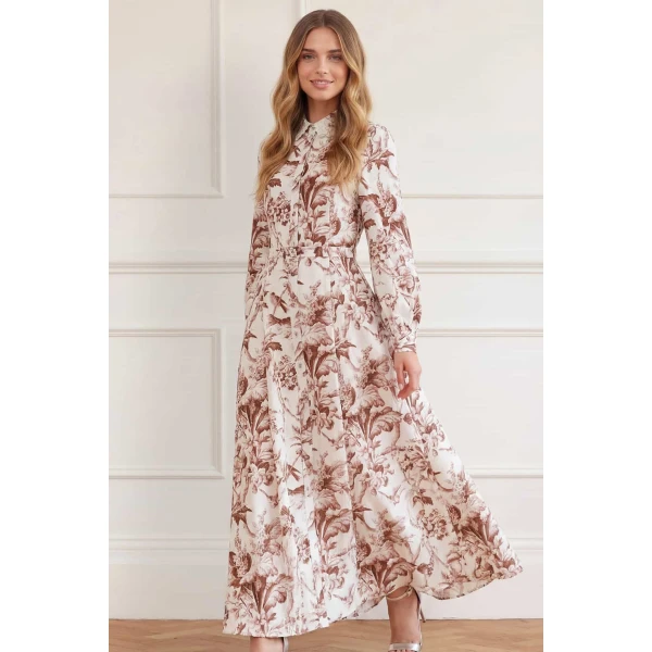 Needle and Thread Marie Toile De Jouy Jacquard Shirt Dress in Moonshine/Brown, view 3