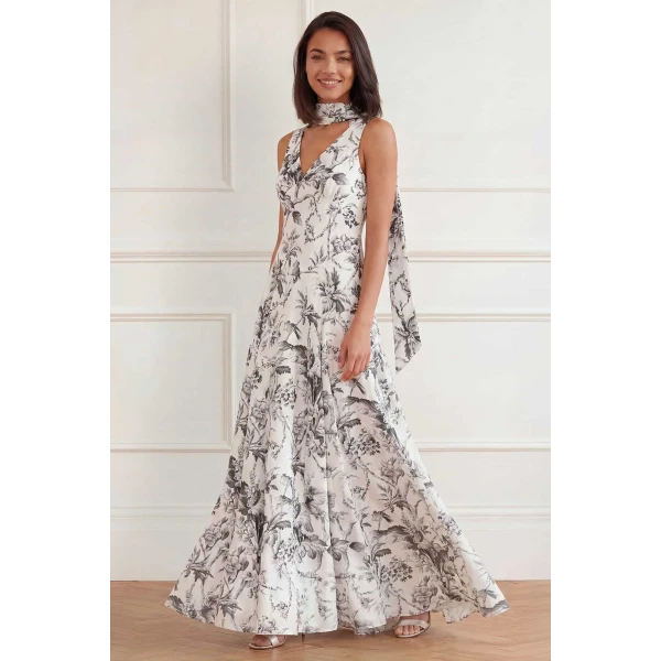 Needle and Thread Marie Toile De Jouy Jacquard V-Neck Gown in Moonshine/Graphite, view 2
