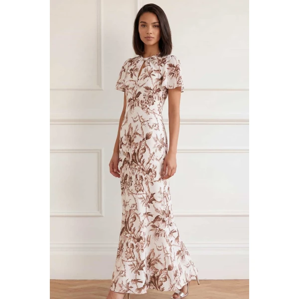 Needle and Thread Marie Toile De Jouy Odeline Crepe Gown in Moonshine/Brown, view 2