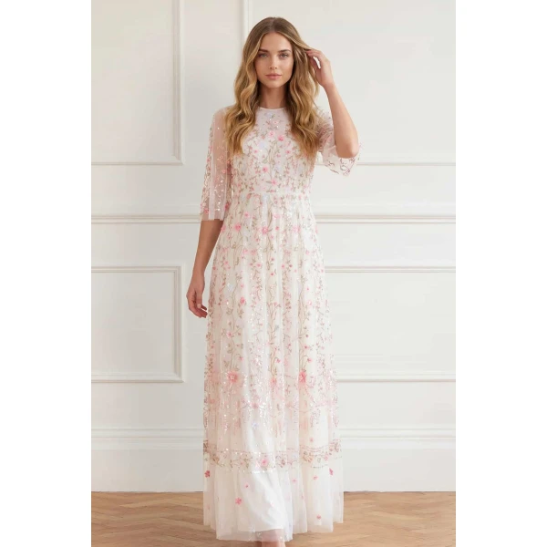 Needle and Thread Rococo Ribbon Round Neck Gown in Chalk, view 2