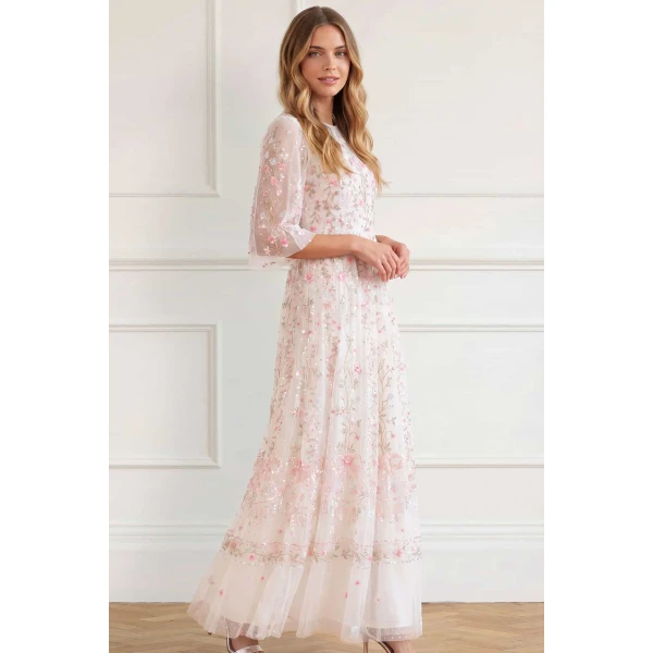 Needle and Thread Rococo Ribbon Round Neck Gown in Chalk, view 3