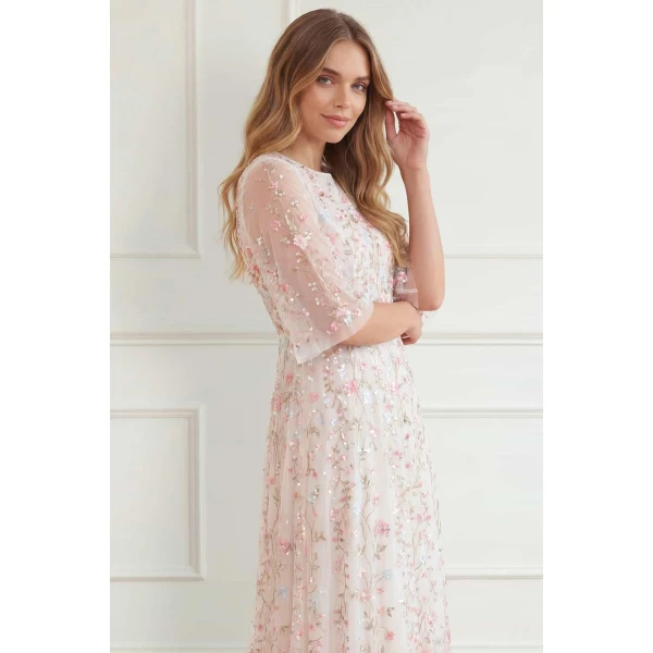 Needle and Thread Rococo Ribbon Round Neck Gown in Chalk, view 4