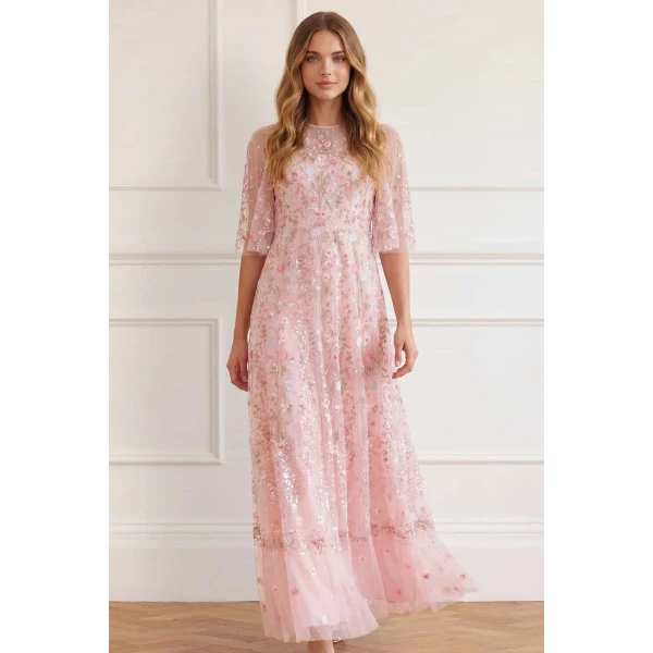 Needle and Thread Rococo Ribbon Round Neck Gown in Dusk Pink, view 3