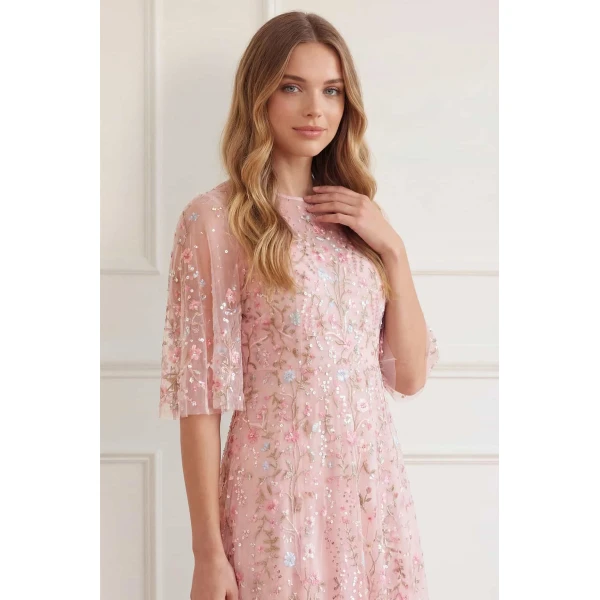 Needle and Thread Rococo Ribbon Round Neck Gown in Dusk Pink, view 4