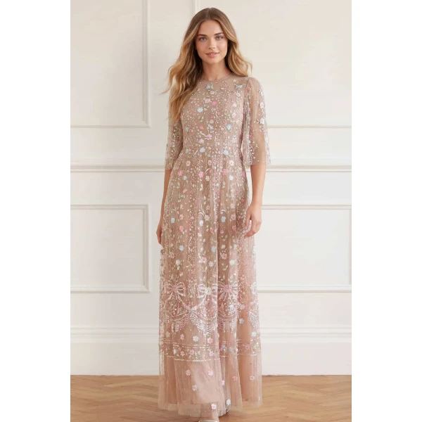 Needle and Thread Rococo Ribbon Round Neck Gown in Wheat, view 2
