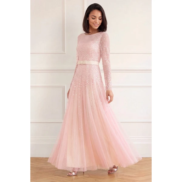 Needle and Thread Sequin Cascade Bow Long Sleeve Gown in Dusk Pink/Cream, view 2