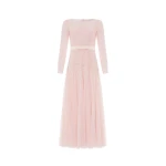Needle and Thread Sequin Cascade Bow Long Sleeve Gown in Dusk Pink/Cream