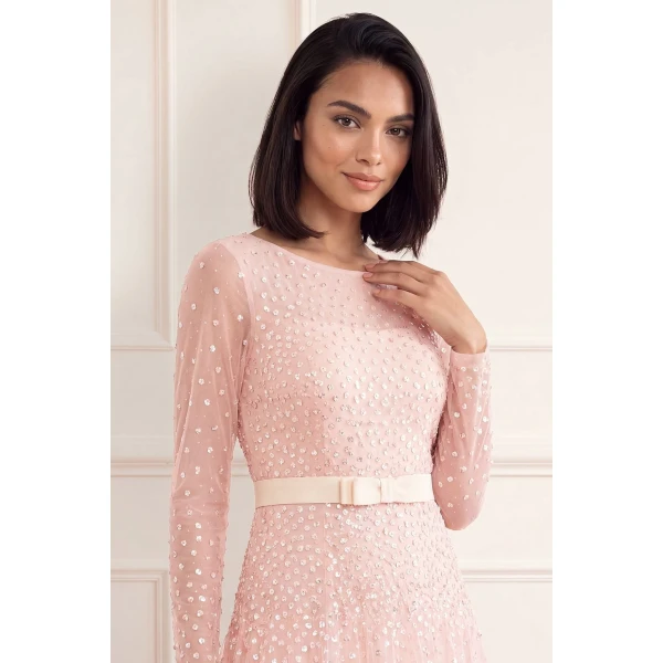 Needle and Thread Sequin Cascade Bow Long Sleeve Gown in Dusk Pink/Cream, view 3