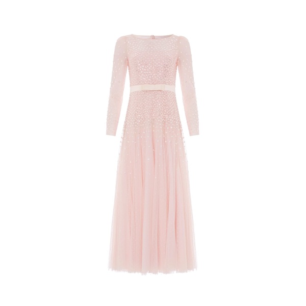 Needle and Thread Sequin Cascade Bow Long Sleeve Gown in Dusk Pink/Cream