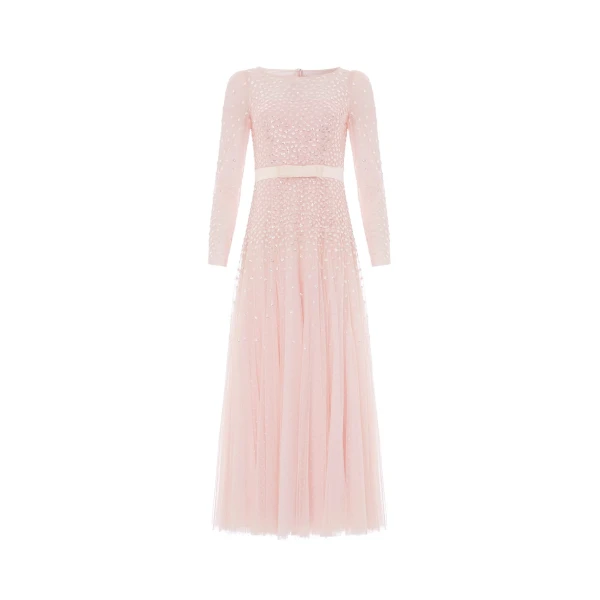 Needle and Thread Sequin Cascade Bow Long Sleeve Gown in Dusk Pink/Cream