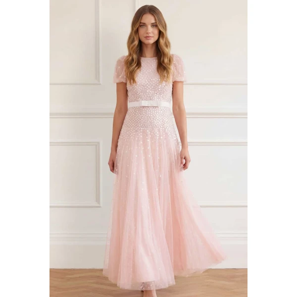 Needle and Thread Sequin Cascade Bow Short Sleeve Gown in Dusk Pink/Cream, view 2