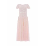 Needle and Thread Sequin Cascade Bow Short Sleeve Gown in Dusk Pink/Cream