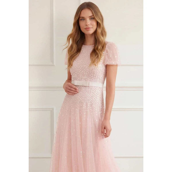 Needle and Thread Sequin Cascade Bow Short Sleeve Gown in Dusk Pink/Cream, view 3