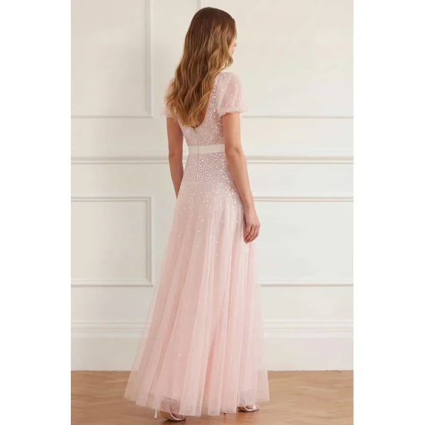 Needle and Thread Sequin Cascade Bow Short Sleeve Gown in Dusk Pink/Cream, view 4