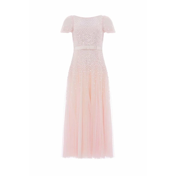 Needle and Thread Sequin Cascade Bow Short Sleeve Gown in Dusk Pink/Cream