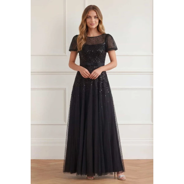 Needle and Thread Sequin Cascade Bow Short Sleeve Gown in Graphite, view 2