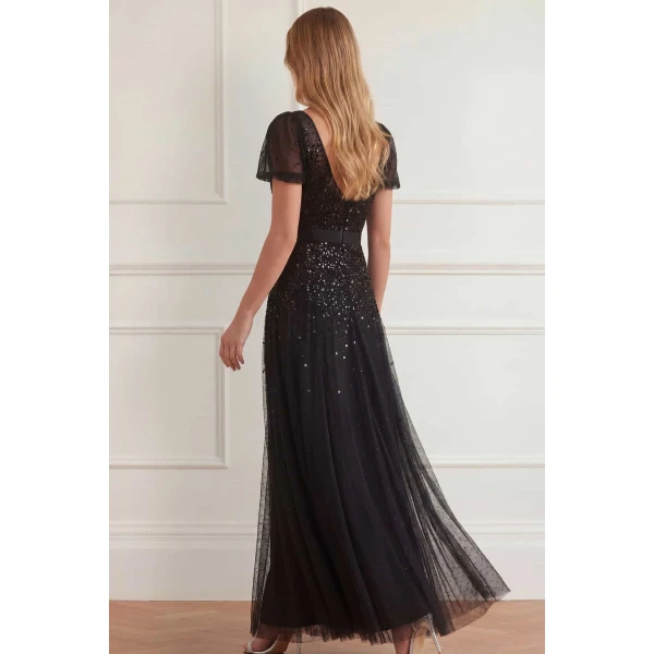 Needle and Thread Sequin Cascade Bow Short Sleeve Gown in Graphite, view 3