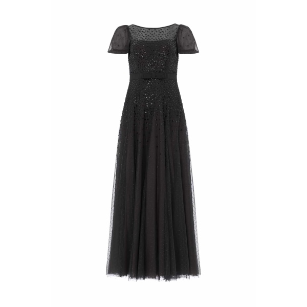 Needle and Thread Sequin Cascade Bow Short Sleeve Gown in Graphite