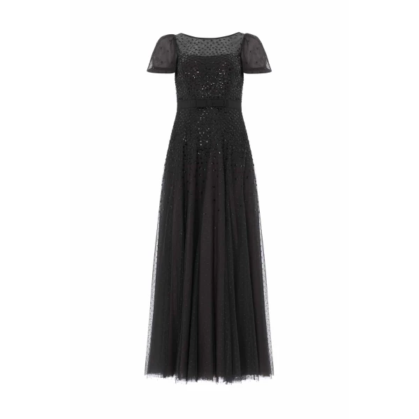 Needle and Thread Sequin Cascade Bow Short Sleeve Gown in Graphite