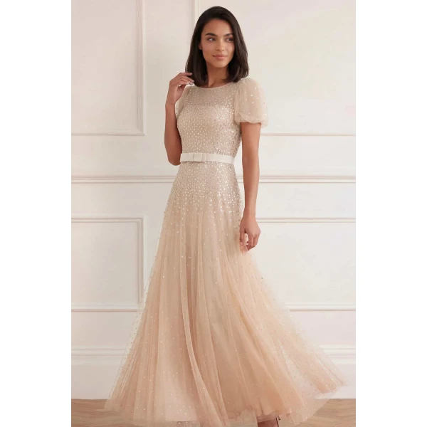 Needle and Thread Sequin Cascade Bow Short Sleeve Gown in Wheat/Cream, view 2