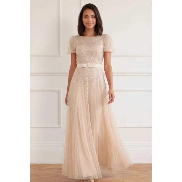 Needle and Thread Sequin Cascade Bow Short Sleeve Gown in Wheat/Cream, view 3