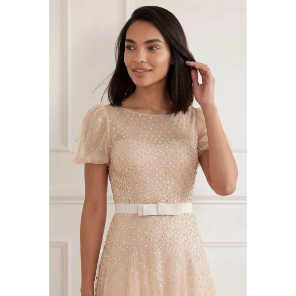 Needle and Thread Sequin Cascade Bow Short Sleeve Gown in Wheat/Cream, view 4