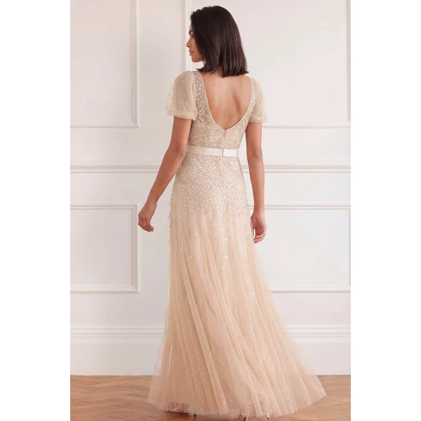 Needle and Thread Sequin Cascade Bow Short Sleeve Gown in Wheat/Cream, view 5