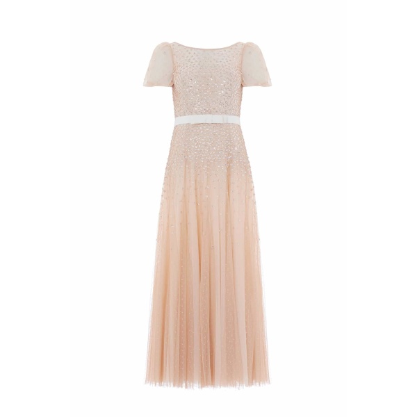 Needle and Thread Sequin Cascade Bow Short Sleeve Gown in Wheat/Cream