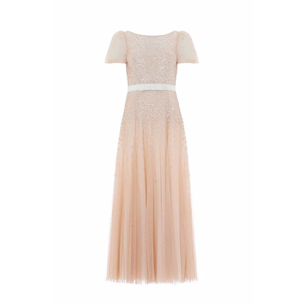 Needle and Thread Sequin Cascade Bow Short Sleeve Gown in Wheat/Cream