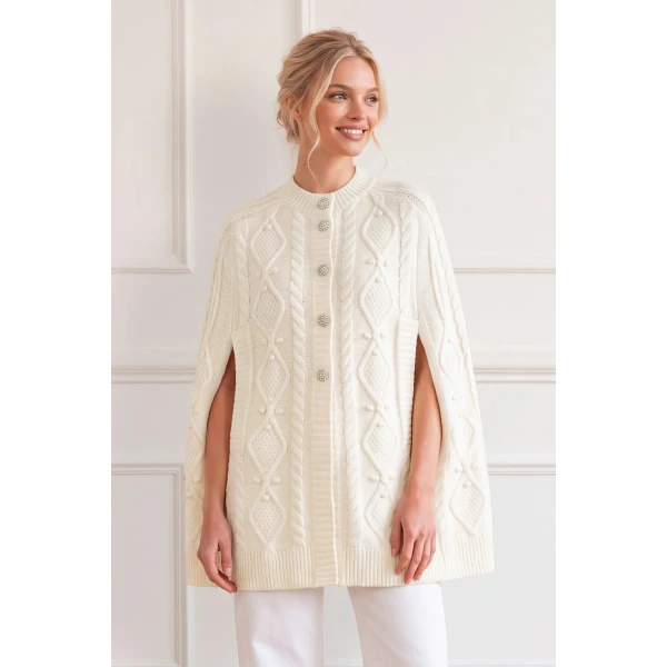 Needle and Thread Sylvie Cable Jewelled Cape in Cream, view 3