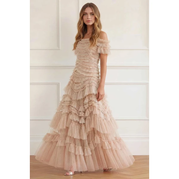 Needle and Thread Wild Rose Off-Shoulder Gown in Wheat/Cream, view 2
