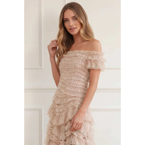 Needle and Thread Wild Rose Off-Shoulder Gown in Wheat/Cream, view 3