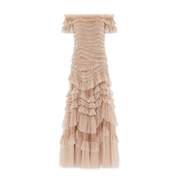Needle and Thread Wild Rose Off-Shoulder Gown in Wheat/Cream